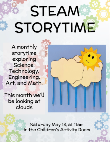 picture of cloud craft for STEAM storytime Saturday May 18 at 11