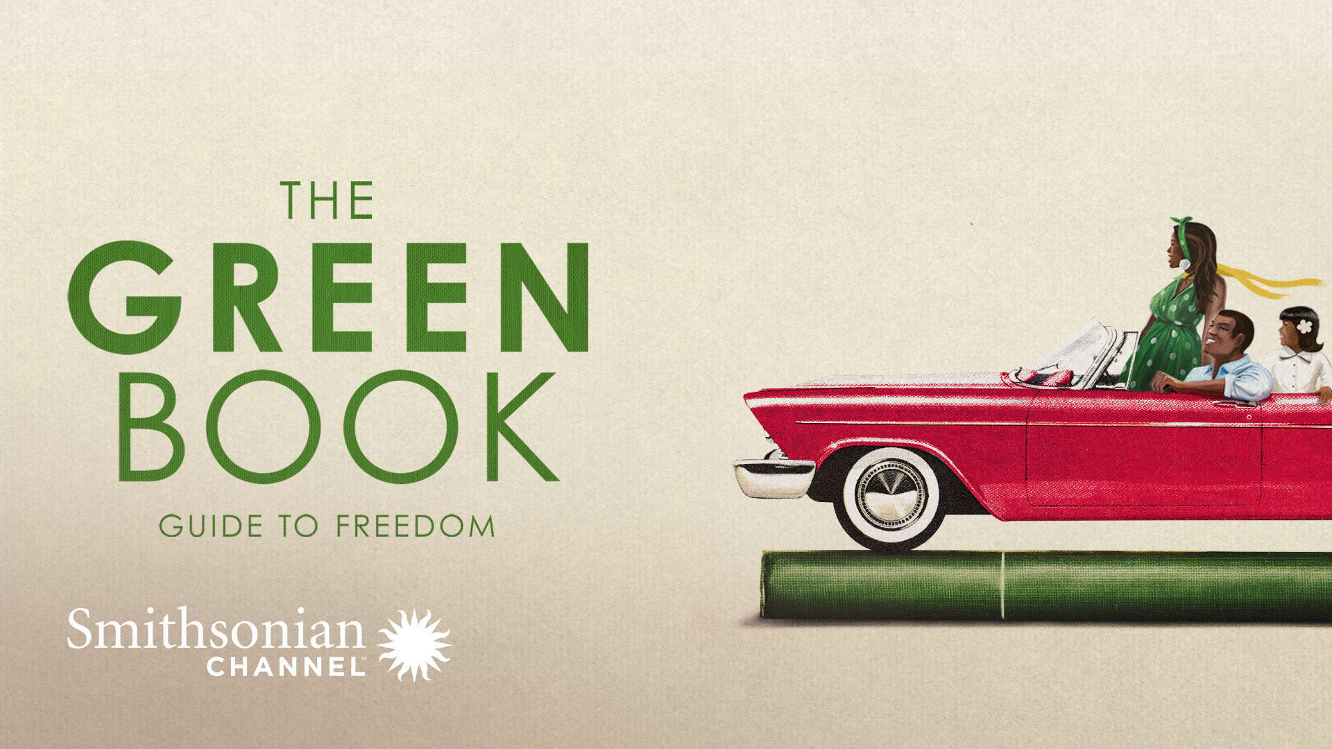 Promotional image for movie, The Green Book: Guide to Freedom. Shows a family riding in a vintage convertible.