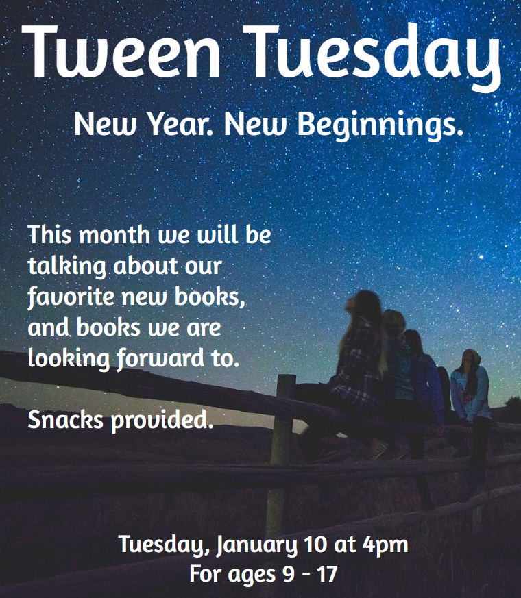 New Year. New Beginnings.   This month we will be talking about our favorite new book and books we are looking forward to. Snacks provided. 