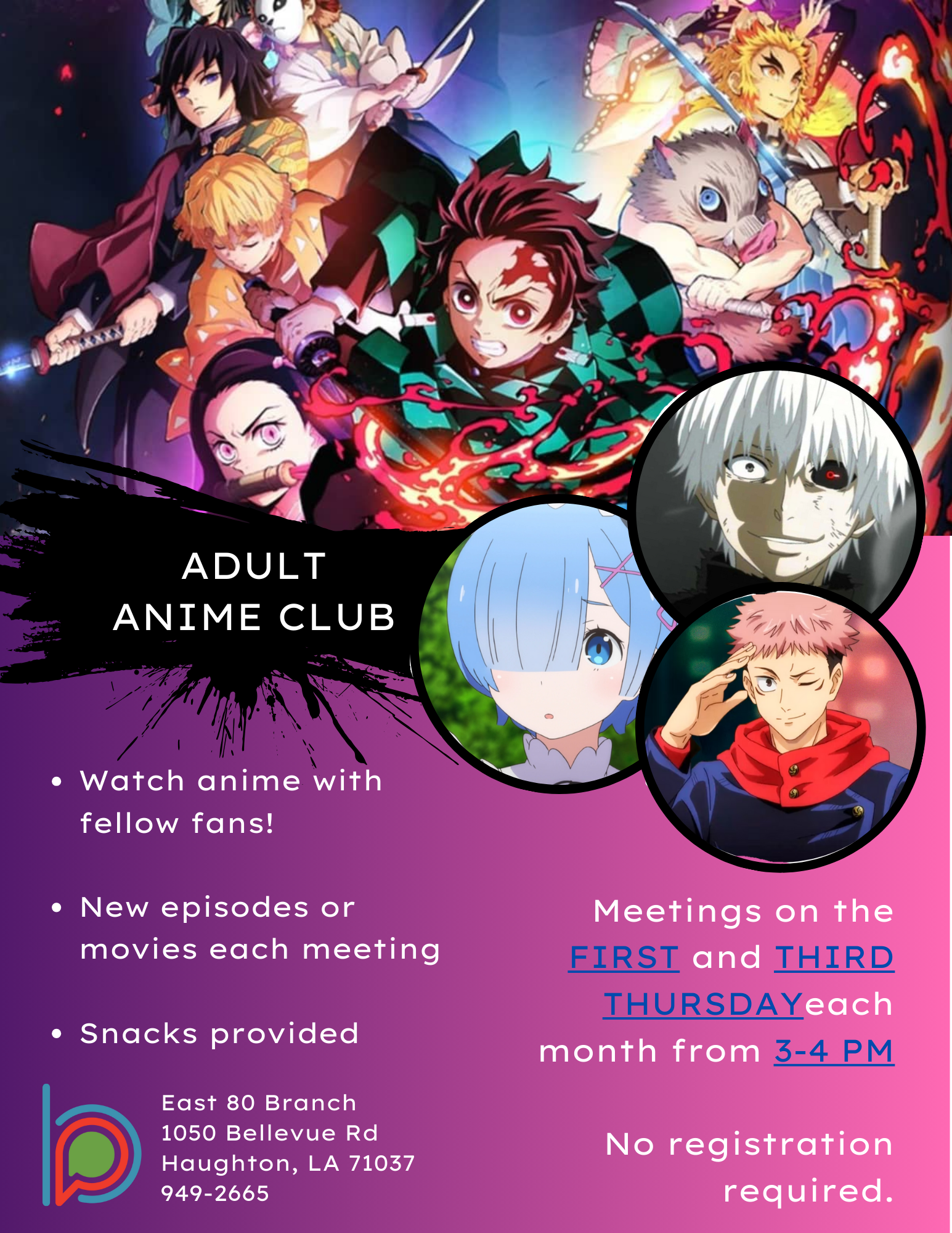 A purple gradient flyer for the Adult Anime Club that includes a banner with characters from Demon Slayer and three circles with images inside of Ken Kaneki, Rem, and Yuki Itadori.