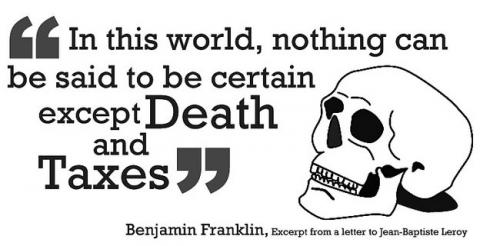 Banner with a skull illustration that reads, "In this world, nothing can be said to be certain except Death and Taxes"