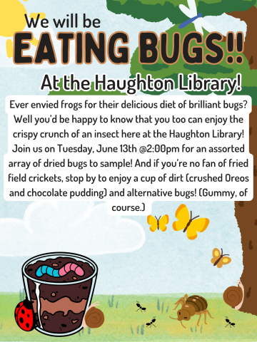 Flyer for bug eating program Tuesday June 13th at 2pm