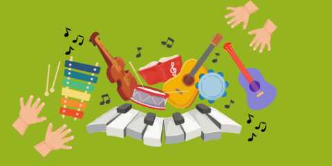 musical instruments with hands reaching out for them