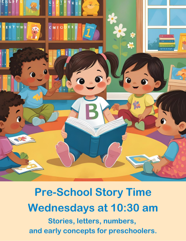 Preschool storytime image with time and date of program