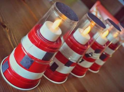 Solo cup, plastic cup, and tealight lighthouse craft
