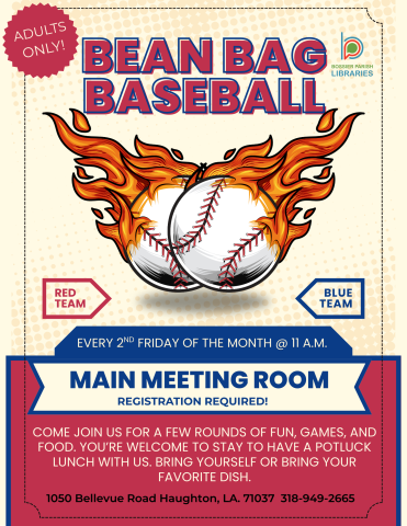 BEAN BAG BASEBALL 2nd Friday @ 11 AM - 12 PM Age Group: Adult Event Details: Join us for about nine rounds of Bean Bag Baseball, followed by a fun potluck lunch! Bring a dish to share—or just bring yourself. Beginners are definitely welcome and encouraged!