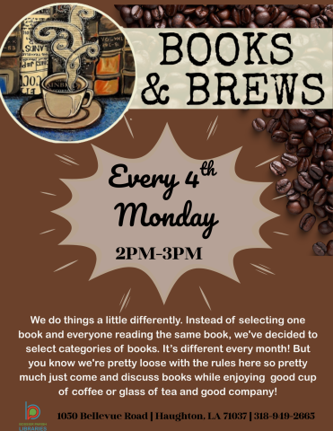 4th Monday / 2 PM - 3 PM Age Group: Adult Event Details: Come sip and share with us at the East 80 Branch for Books and Brews, our adults-only book club! We like to mix things up—no assigned reading here. Instead, we choose a fun category, everyone picks their own book, and then we come together to swap stories and recommendations. 