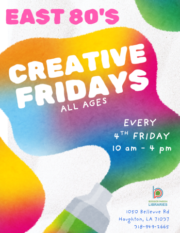 4th Friday / 10 AM - 4 PM Age Group: All Ages Event Details: Drop in anytime between 10 AM and 4 PM for Creative Friday! Each month features a new hands-on craft—past projects include mini model houses, canvas painting, beadwork, and other surprise creations. You’ll also have full access to our art supplies, so you can personalize the month’s craft or create something entirely your own. Whether you're a homeschooler, a hobby artist, or someone who simply loves to make things, this self-guided creative space
