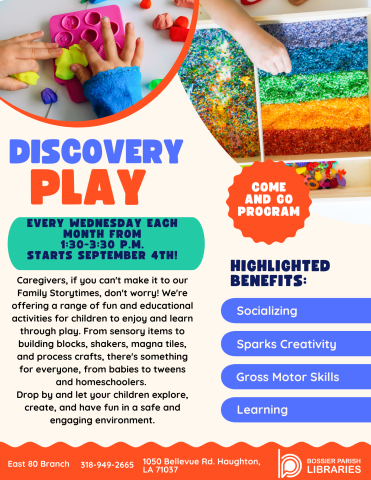 DISCOVERY PLAY Every Wednesday from 1 PM - 4 PM Age Group: Children Event Details: Caregivers, if you can’t make it to our Family Storytimes, don’t worry! We’ve got you covered with a range of fun and educational activities for children to enjoy and learn through play. From sensory items to building blocks, shakers, magna tiles, and process crafts, there's something for everyone, from babies to tweens and homeschoolers.