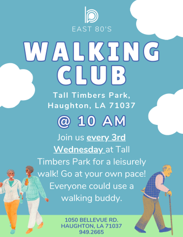 3rd Wednesday /  10 AM - 11 AM Age Group: Adult Event Details: Take a refreshing stroll with us at Tall Timbers Park! Enjoy some morning exercise, breathe in the fresh air, and meet new people along the way. It’s the perfect way to start your day—bright, early, and in great company