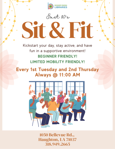 SIT & FIT 1st Tuesday and 3rd Thursday / 11 AM - 12 PM Age Group: Adult Event Details: Sign up for Sit and Fit, a chair exercise that is low impact and low mobility, but helps to keep you active!
