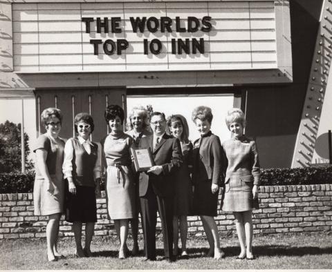 George Dement pictured with believed to be Holiday Inn staff members holding award for being named one of the World’s Top 10 Inns. C.1968. Photo from the Bossier Parish Libraries History Center