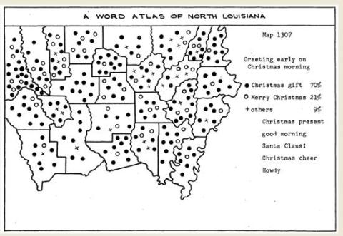 Map 1307 from “A Word Atlas of North Louisiana,” Ph.D. dissertation of Mary Lucile Pierce Folk, Louisiana State University, 1961