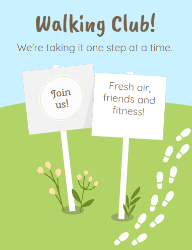 Outdoor scene with flowers, footprints and encouraging signs