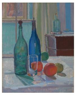 Painting of assorted fruit and stained glass bottles on a counter
