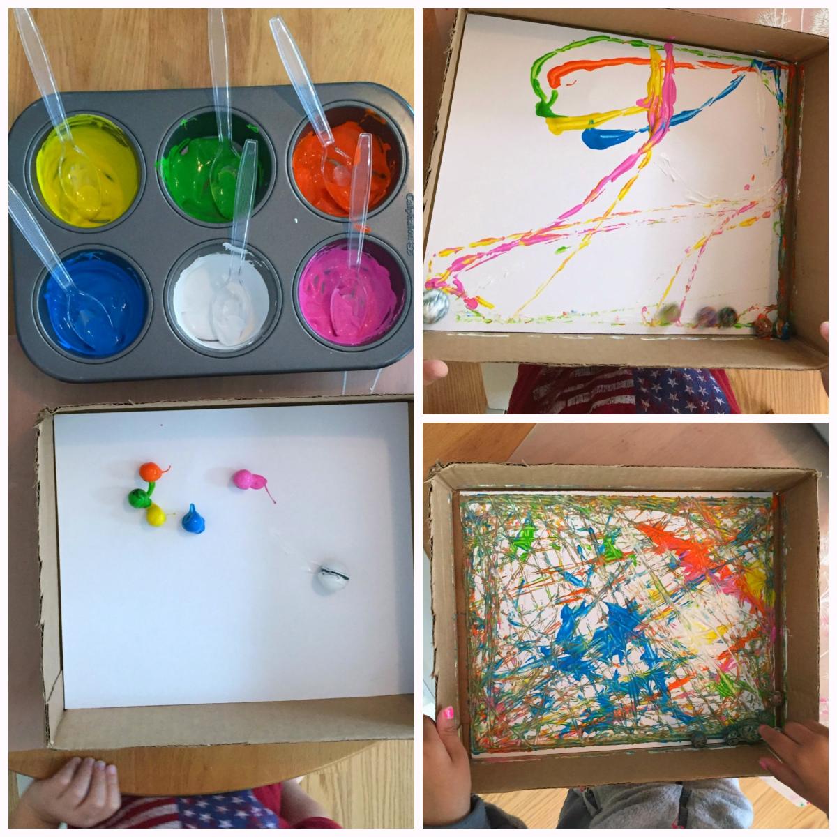 4 grid photo of painting with marbles supplies and artwork created